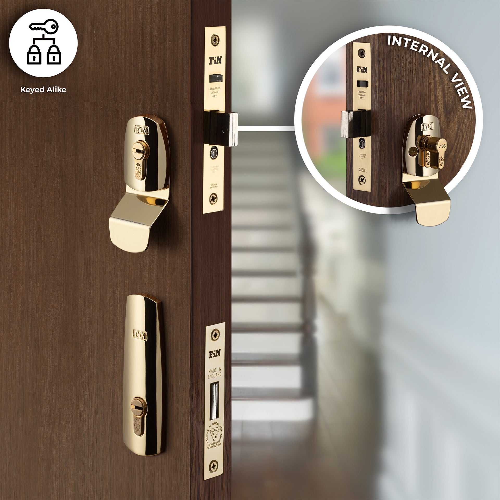 Dual Door Lock Set with internal and external door pull in polished brass finish keyed alike for convenience. 