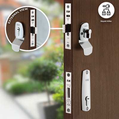 Polished chrome dual door lock set with auto-deadbolt nightlatch, BS3621 manual deadbolt, and keyed-alike registered keys for enhanced security. Sleek design, ideal for modern and classic doors.